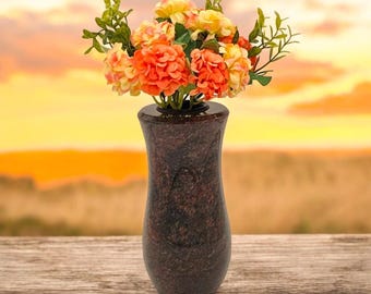 Jarrón para tumba Aurora rojo de granito auténtico Alto 20 cm x Ø 10 cm Jarrón de granito con inserto de plástico Jarrón de cementerio sin flores