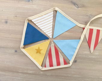 Blue, Red, Yellow and Beige Mini Bunting with Stripes and Stars | Kids Bedroom Decor