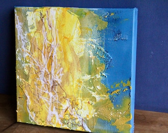 Abstract acrylic painting 'Light Trails' with structure in blue - yellow