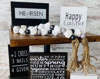 Tiered Tray Decor | Easter Decor | Wooden Signs |  Beaded Garland | Religious Tray Decor
