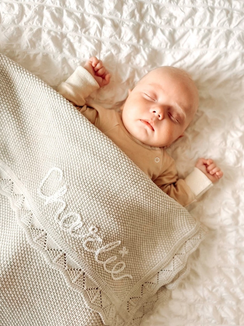 Personalised Knitted Baby Blanket / Baby Gift / Newborn Gift / Birth Announcement Blanket Neutral