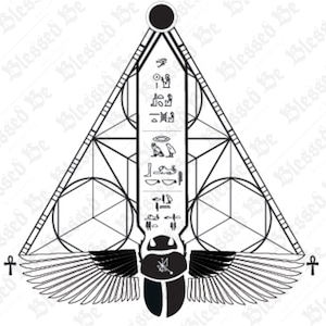 May include: Black and white line art illustration of an Egyptian pyramid with hieroglyphs and a scarab beetle with wings. The pyramid is surrounded by geometric shapes.