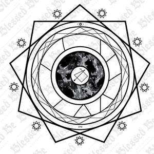 May include: A black and white geometric design with a circle in the centre. The circle has a black and white swirling pattern inside. The design is surrounded by a star shape with eight points.