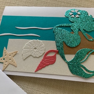 Mermaid Card: Handmade Glitter Seashells, Blank Inside