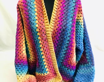 Hexagon crochet cardigan rainbow bright stunning one of a kind piece XL/XXL 12 14 16 18 retro vibes trending granny grandpa chic