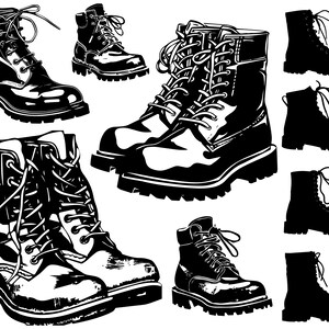 Peut inclure: Un ensemble de neuf bottes en cuir noir avec des lacets. Les bottes sont de styles variés, notamment des bottines, des bottes montantes et des bottes de travail.