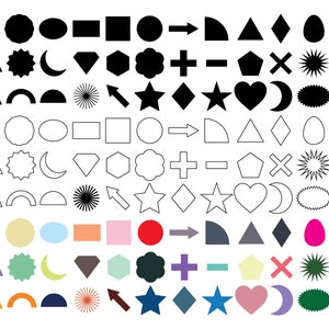 Könnte beinhalten: Ein Satz von 90 schwarzen und weißen geometrischen Formen, darunter Kreise, Quadrate, Dreiecke, Sterne, Herzen und Pfeile. Die Formen sind in drei Reihen mit jeweils 30 Formen angeordnet. Die Formen sind alle mit schwarzer Umrandung und mit Weiß oder Schwarz gefüllt.