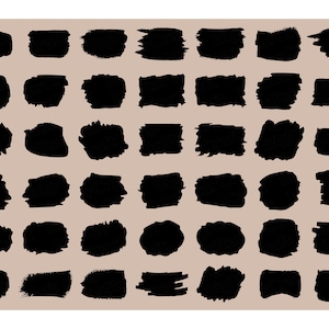 May include: A set of 40 black brushstroke shapes on a light brown background. The shapes are various sizes and are arranged in a grid pattern.