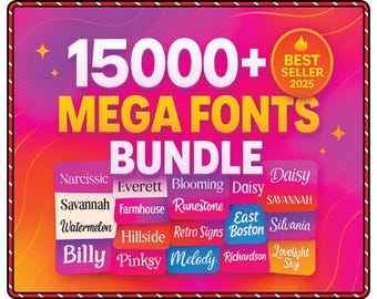 May include: A vibrant graphic promoting a mega fonts bundle. The image features the text "15000+ MEGA FONTS BUNDLE" in large yellow letters, with a "Best Seller 2025" badge. Various font names are displayed on colorful labels.