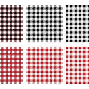 Puede incluir: Seis patrones de cuadros vichy diferentes, tres en blanco y negro y tres en rojo y blanco.