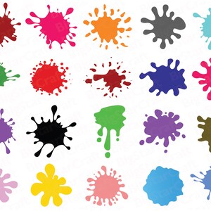 May include: A collection of twenty colorful paint splatters in various shapes and sizes. The splatters are in shades of red, pink, orange, gray, teal, green, red, dark red, blue, magenta, purple, black, green, purple, brown, pink, yellow, pink, blue, and blue.
