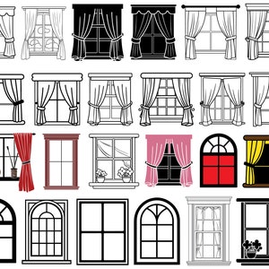 May include: A collection of 16 different window designs featuring various styles of curtains, including arched, rectangular, and double-hung windows. Some windows have curtains with different patterns and colours, while others have simple blinds.