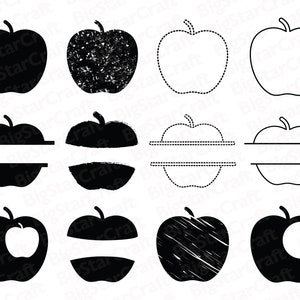 May include: Set of 10 black and white apple SVG cut files. The apple designs include solid, outline, distressed, split, and monogram styles. Perfect for crafting, scrapbooking, and more.