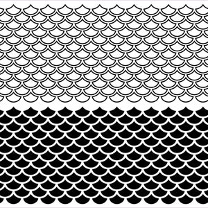 Könnte beinhalten: Schwarz-weißes Muster aus überlappenden Schuppen, ähnlich wie Fischschuppen. Das Muster wird zweimal wiederholt, wobei das untere Muster durchgehend schwarz ist.