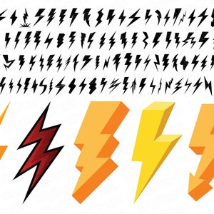 May include: A set of lightning bolt illustrations in black, red, orange, and yellow. The illustrations are in various styles and sizes, including a 3D effect.