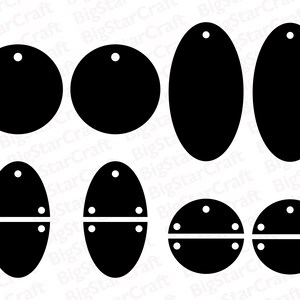 May include: A set of eight black earring blanks, including two round, two oval, and four oval shapes with a horizontal line across the center. The blanks are made of a smooth, solid material.