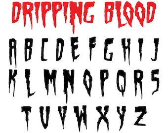 Könnte beinhalten: Ein tropfendes Blut-Schriftalphabet in Schwarz mit den Worten "DRIPPING BLOOD" in Rot über den Buchstaben.