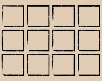 May include: Twelve black square frames with a rough, textured edge on a beige background.