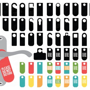Puede incluir: Un conjunto de 30 colgadores de puerta en blanco y negro con varios diseños, incluyendo una cerradura, un gancho y un rectángulo simple. Los colgadores están diseñados para ser utilizados como letreros de "No molestar". También hay varios colgadores de puerta coloridos con el texto "Por favor, no molestar" en blanco.
