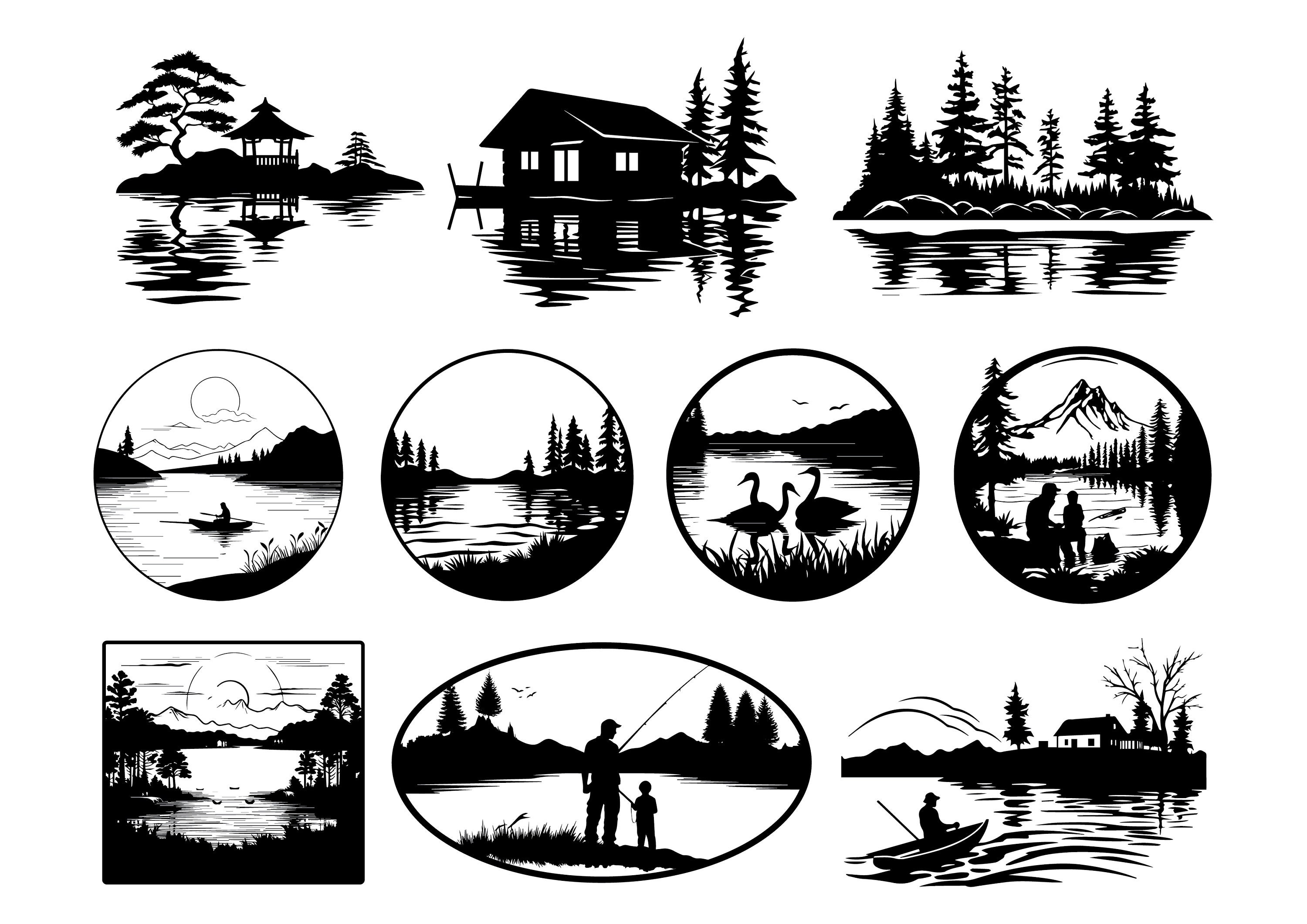 Lake Scene Silhouettes SVG Bundle: Outdoor Adventure Designs (SVG, PNG), image size:3000x2121
