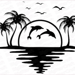 Dauphin palmier coucher de soleil SVG, téléchargement immédiat, svg d'été,