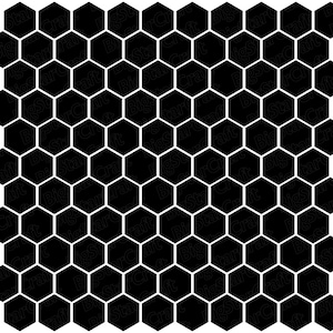 May include: Black and white honeycomb pattern with a repeating hexagonal design. The hexagons are filled in black and outlined in white.