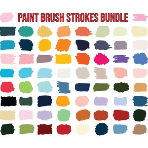 May include: A collection of 72 paint brush strokes in various colors, including red, blue, green, yellow, orange, purple, pink, brown, black, and white. The strokes are arranged in a grid pattern.