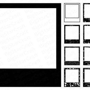 May include: A set of eight black and white photo frames with different borders. Some frames have a distressed look, while others have a clean, simple design.