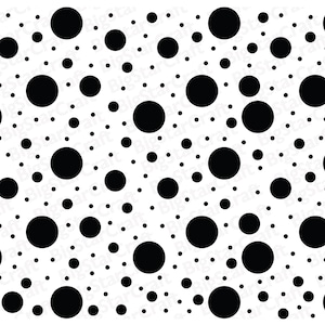 May include: A white background with black polka dots of varying sizes. The dots are randomly arranged and create a visually appealing pattern.