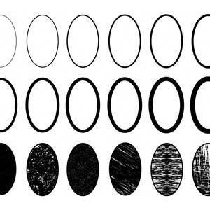 May include: A set of 12 black and white oval-shaped graphic design elements. The first three ovals are empty, the next six are filled with black, and the last three are filled with black and white patterns.