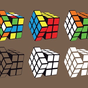 May include: Six Rubik's Cubes in various states of completion are displayed against a brown background. The cubes feature the classic color scheme of red, blue, green, orange, yellow, and white. Some cubes are fully solved, while others are partially scrambled.