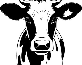 Cow Face SVG Graphic, Farm Animal Digital Download, Black and White Cow Art, Printable Cow Illustration, Cricut & Silhouette Cut Files