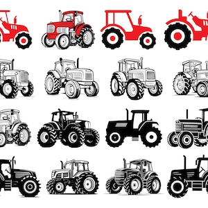 Puede incluir: Un conjunto de diez ilustraciones de tractores en varios colores y estilos. Los tractores se representan en vista lateral y frontal. Algunos tractores son rojos, mientras que otros son en blanco y negro.