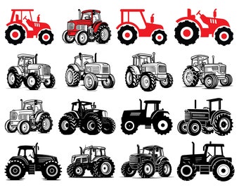 Puede incluir: Un conjunto de diez ilustraciones de tractores en varios colores y estilos. Los tractores se representan en vista lateral y frontal. Algunos tractores son rojos, mientras que otros son en blanco y negro.
