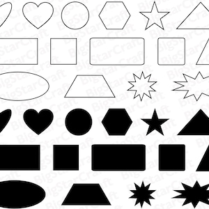 May include: A set of 18 black and white outline and filled shapes, including a heart, circle, star, triangle, square, oval, pentagon, and trapezium. The shapes are arranged in three rows of six.