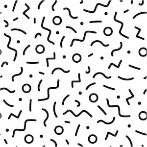 May include: A repeating pattern of black abstract shapes on a white background. The design includes wavy lines, zigzags, circles, and dots. This geometric pattern is suitable for various design applications.