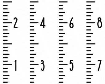 May include: A black and white ruler with numbers 1 through 8 marked on it. The ruler is divided into 1/8 inch increments.