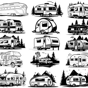 Camping-car SVG, caravane SVG, camping SVG, scène de montagne, campeur vie Svg, clipart camp, aventure en forêt, rv Svg, fichier de coupe Silhouette, camp