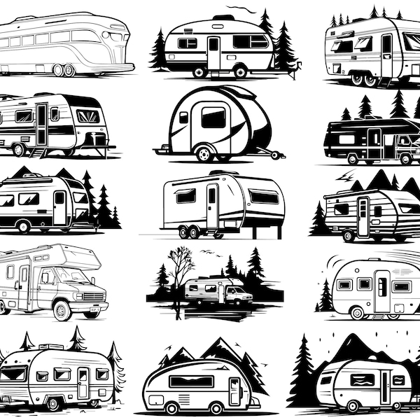 Motorhome SVG, Caravan SVG, Camping SVG, Mountain Scene, Camper Life Svg, Camp ClipArt, Forest Adventure, Rv Svg, Silhouette Cut File, Camp