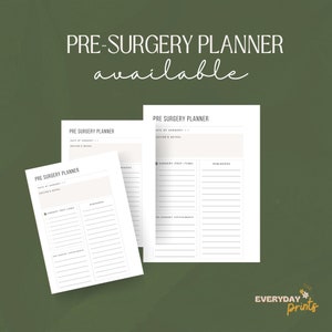 May include: Three printable pre-surgery planner pages with the text "PRE SURGERY PLANNER" at the top of each page. The pages include sections for the date of surgery, doctor's notes, surgery prep items, reminders, and pre-surgery appointments.