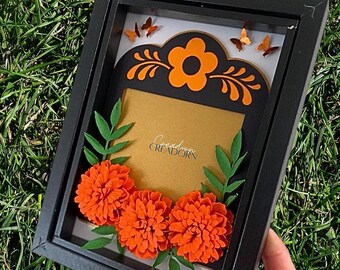 Dia de Los Muertos Marigold Flower Nicho Memorial Shadow Box Frame