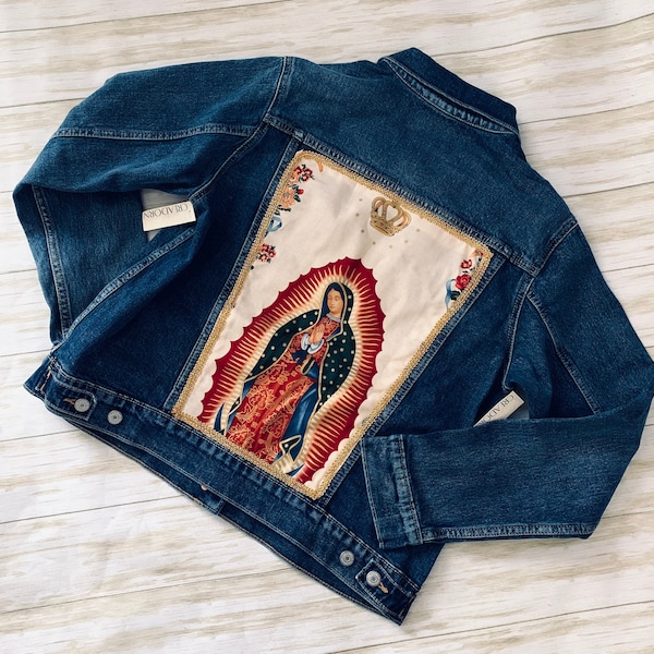 Virgen de Guadalupe Mode Stijlvolle volwassen vrouw maat blauw denim Jean jack