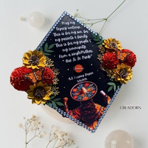 First Generation Serape Charro Floral Graduation Cap Topper | Mexican Marigold Sunflower Floral Grad Hat Decor