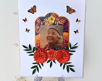 Dia de los Muertos Altar Remembrance Photo Decor, Marigold Memorial Canvas Ofrenda Conmemorative Keepsake