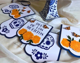 Mexican Talavera Cielito Lindo Dia de Los Muertos Papel Picado Banner, Day of the Dead Garland