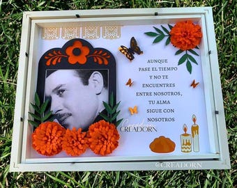 Day of the Dead Nicho Shadow Box, Dia de Los Muertos Altar Ofrenda Photo Display, Memorial Keepsake with Marigold Flowers