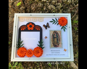 Dia de Los Muertos Virgen Ofrenda Shadow Box, Day of the Dead Nicho Altar Marigold Remembrance Picture Frame Keepsake