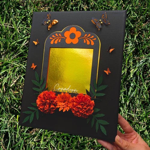Marigold Flower Memorial Photo Canvas Frame: Dia de Muertos Nicho Picture Keepsake