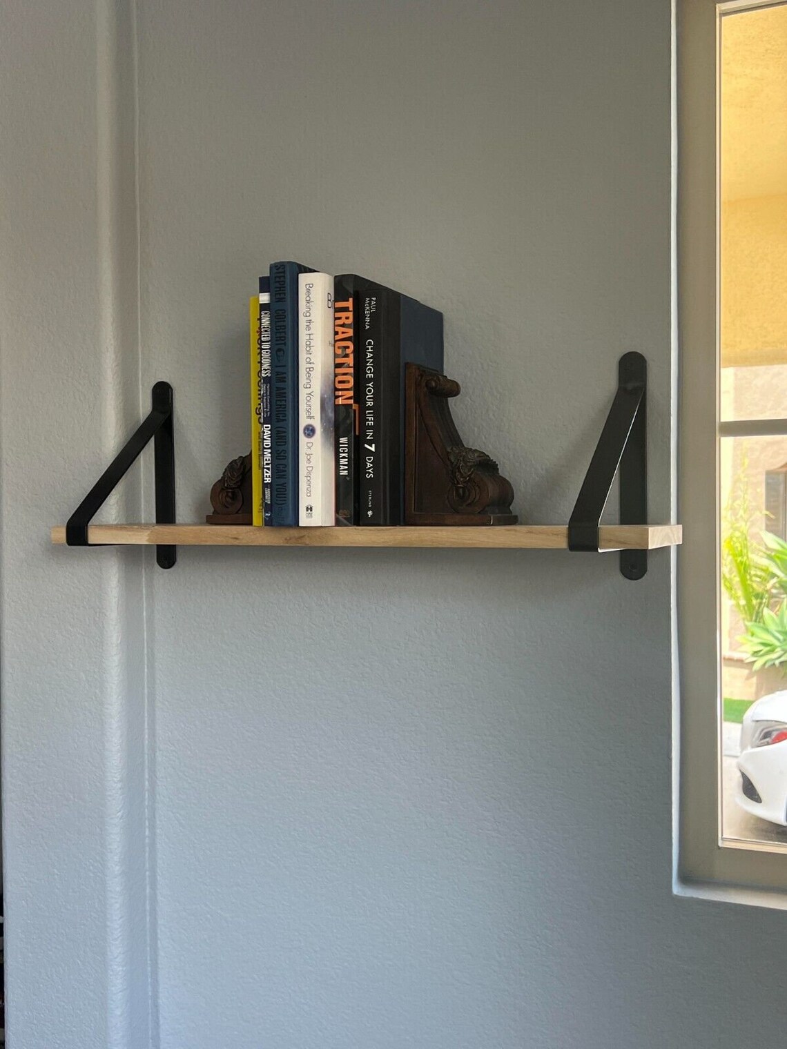 24 Inch Oak Wood Wall Shelf With Black Metal Brackets. Made by Etsy
