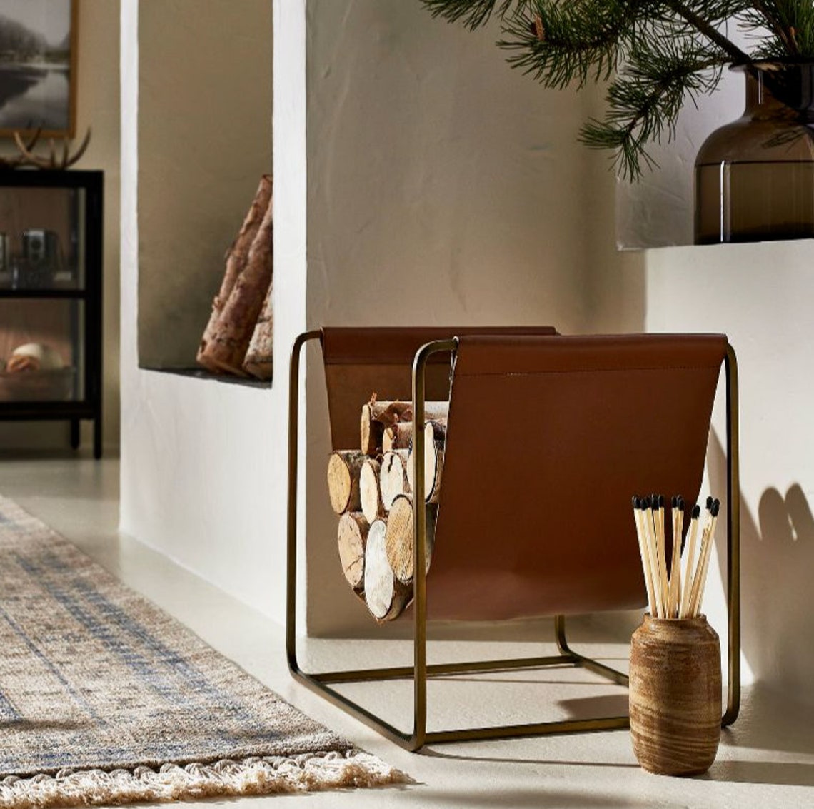 16 X 14 Metal Log Holder With Leather Sling Etsy